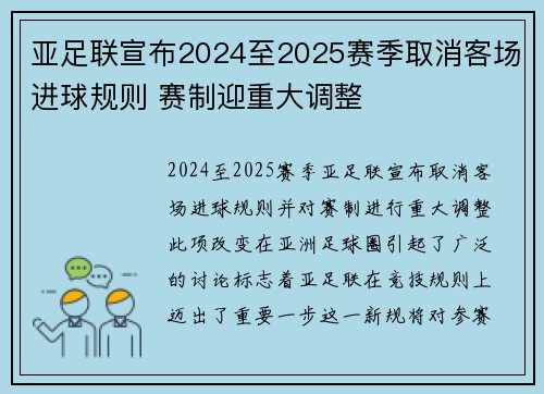 亚足联宣布2024至2025赛季取消客场进球规则 赛制迎重大调整