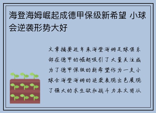 海登海姆崛起成德甲保级新希望 小球会逆袭形势大好
